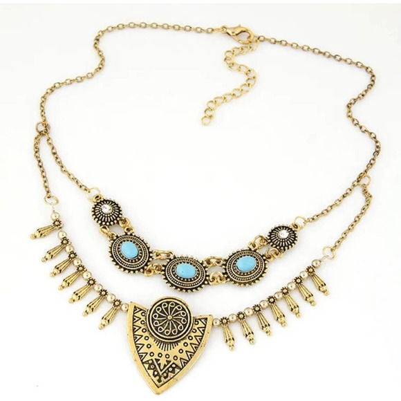 Boho Statement Necklace  Gold Tone Tribal Pendant w/ Turquoise Accents NEW - Picture 2 of 3